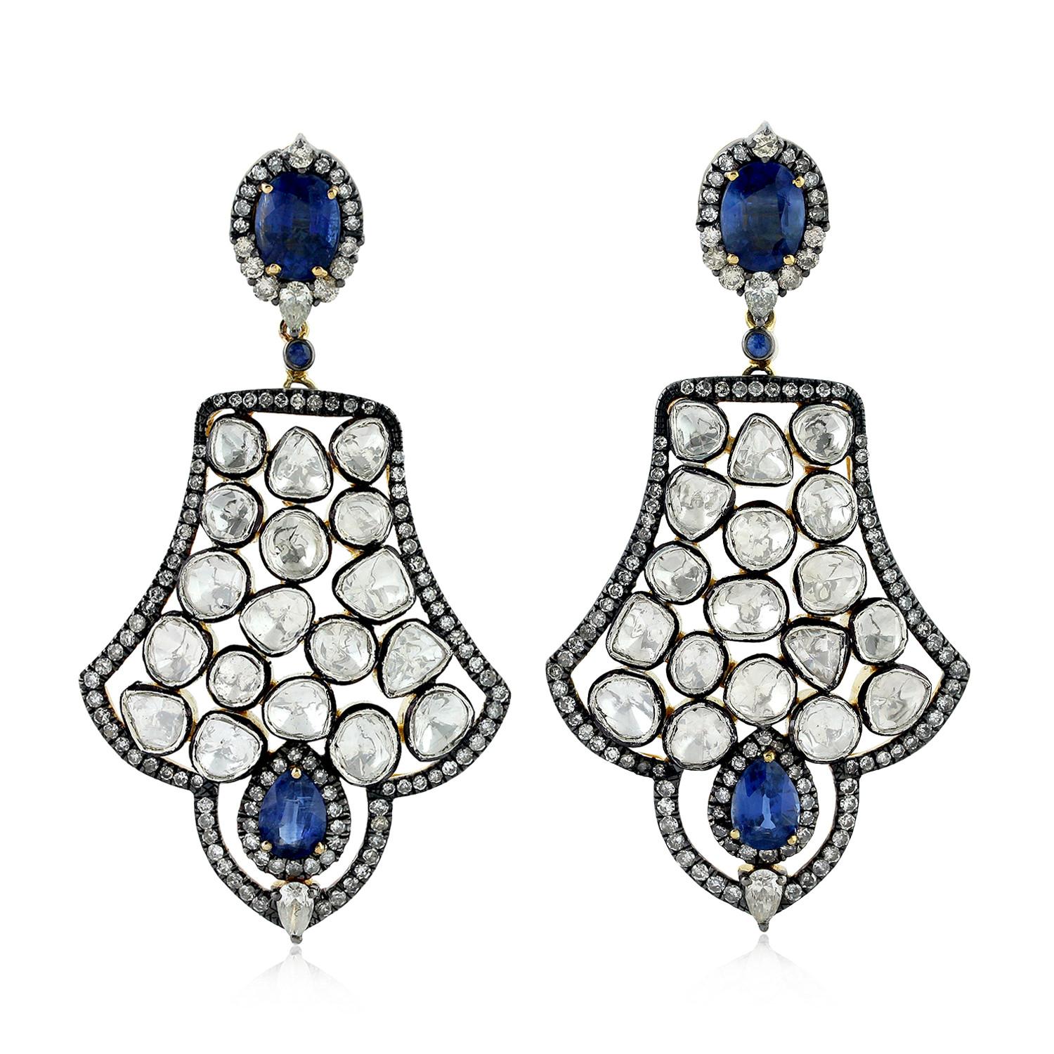 Contemporary Blue Sapphire Polki Diamond Dangle Earrings with Sterling Silver and 18k Gold