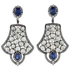 Blue Sapphire Polki Diamond Dangle Earrings with Sterling Silver and 18k Gold