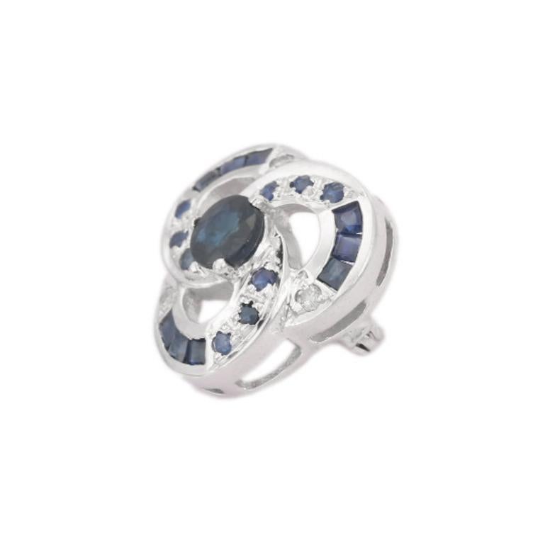 Blue Sapphire Poppy Flower Unisex Brooch Crafted in 925 Sterling Silver For Sale 5