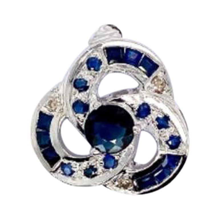 Art Deco Blue Sapphire Poppy Flower Unisex Brooch Crafted in 925 Sterling Silver For Sale