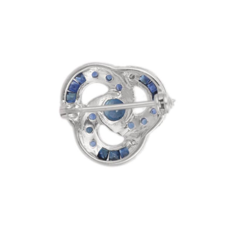 Mixed Cut Blue Sapphire Poppy Flower Brooch Crafted in .925 Sterling Silver For Sale