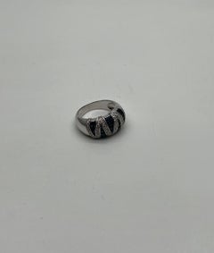Blue Sapphire Precision Square Cut Diamonds 14K White Gold Statement Band Ring