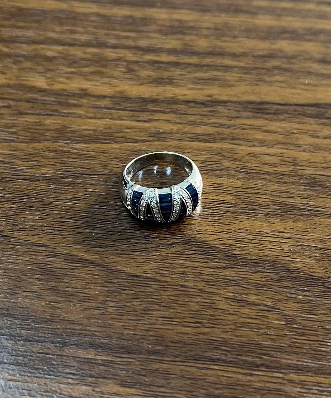 Blue Sapphire Precision Square Cut Diamonds 14K White Gold Statement Band Ring For Sale 1