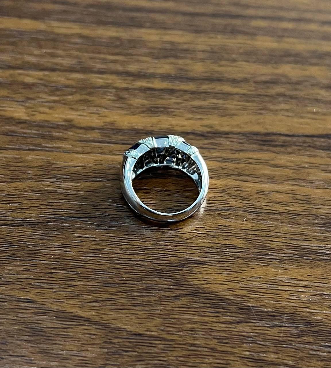 Blue Sapphire Precision Square Cut Diamonds 14K White Gold Statement Band Ring For Sale 4