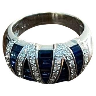 Blue Sapphire Precision Square Cut Diamonds 14K White Gold Statement Band Ring For Sale