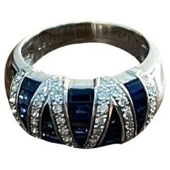 Blue Sapphire Precision Square Cut Diamonds 14K White Gold Statement Band Ring