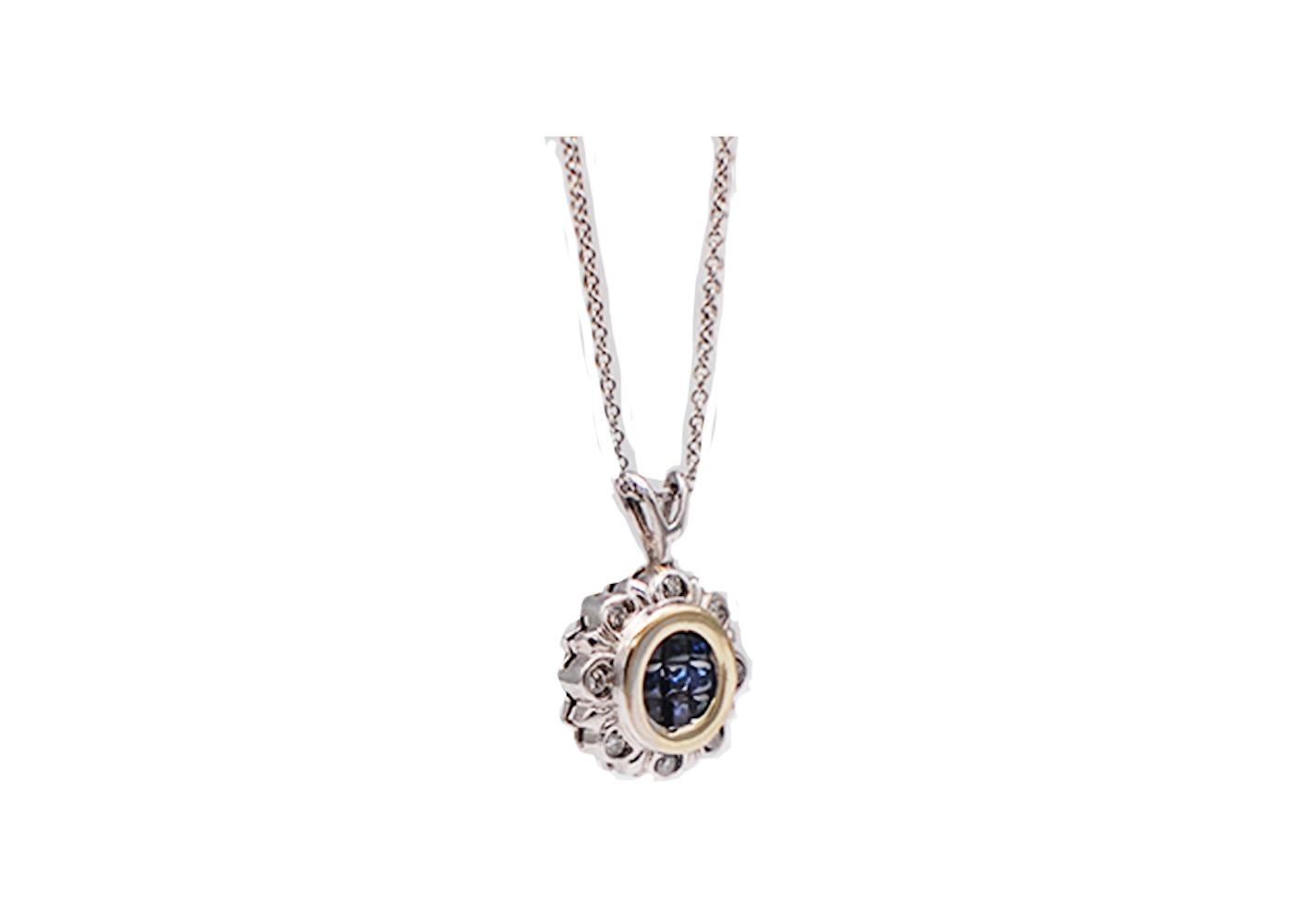 Blue Sapphire Princess Cut and Diamond Necklace Two-Toned Gold Contemporary In Excellent Condition In Laguna Hills, CA