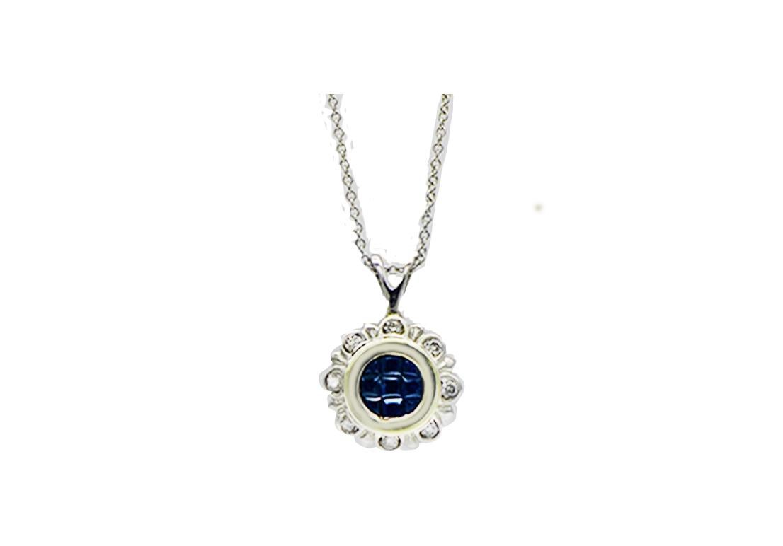 Women's or Men's Blue Sapphire Princess Cut and Diamond Necklace Two-Toned Gold Contemporary