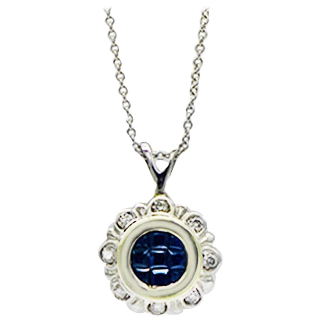 Blue Sapphire Princess Cut and Diamond Necklace Two-Toned Gold Contemporary