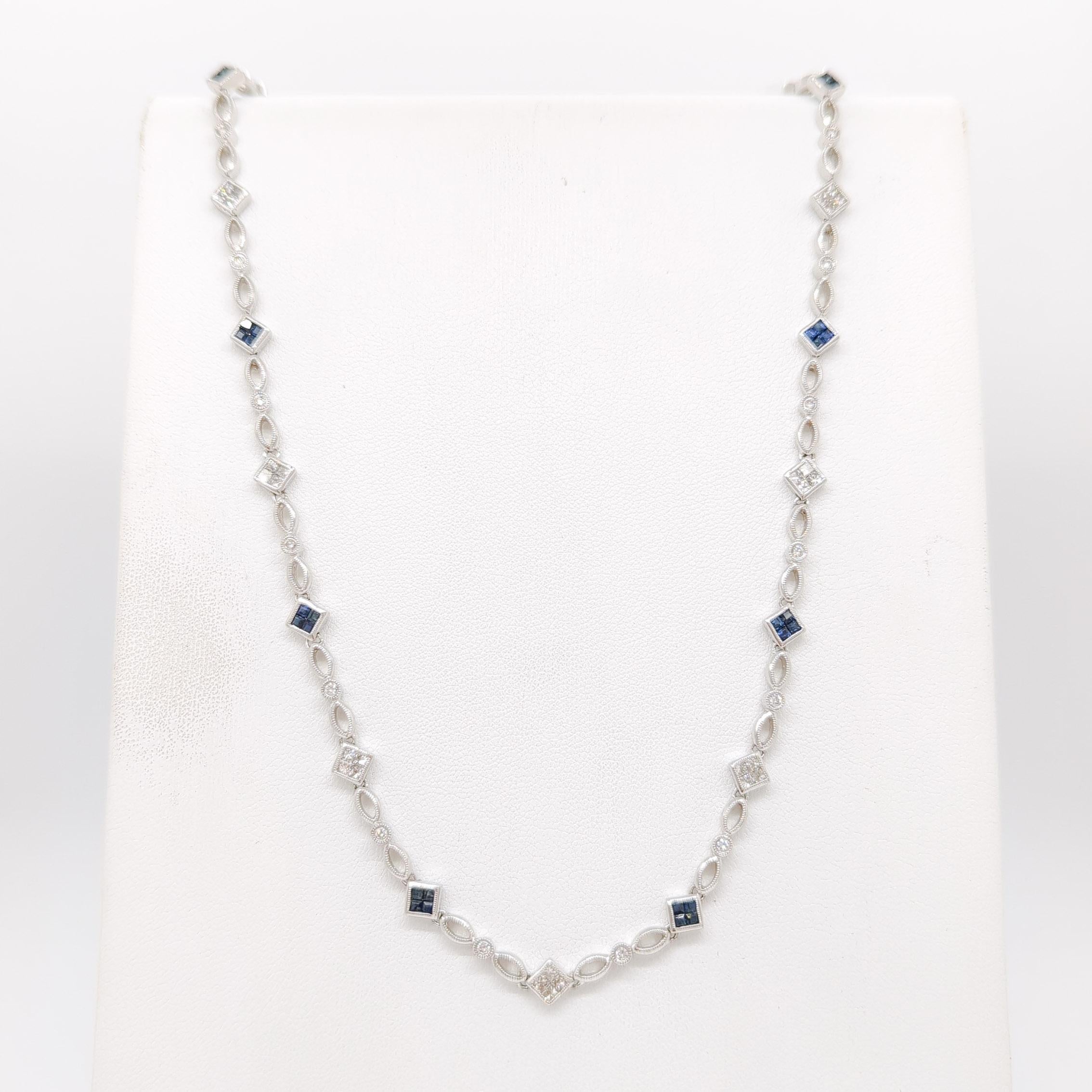 Women's or Men's Blue Sapphire Princess Cut & White Diamond Necklace in 18K White Gold For Sale