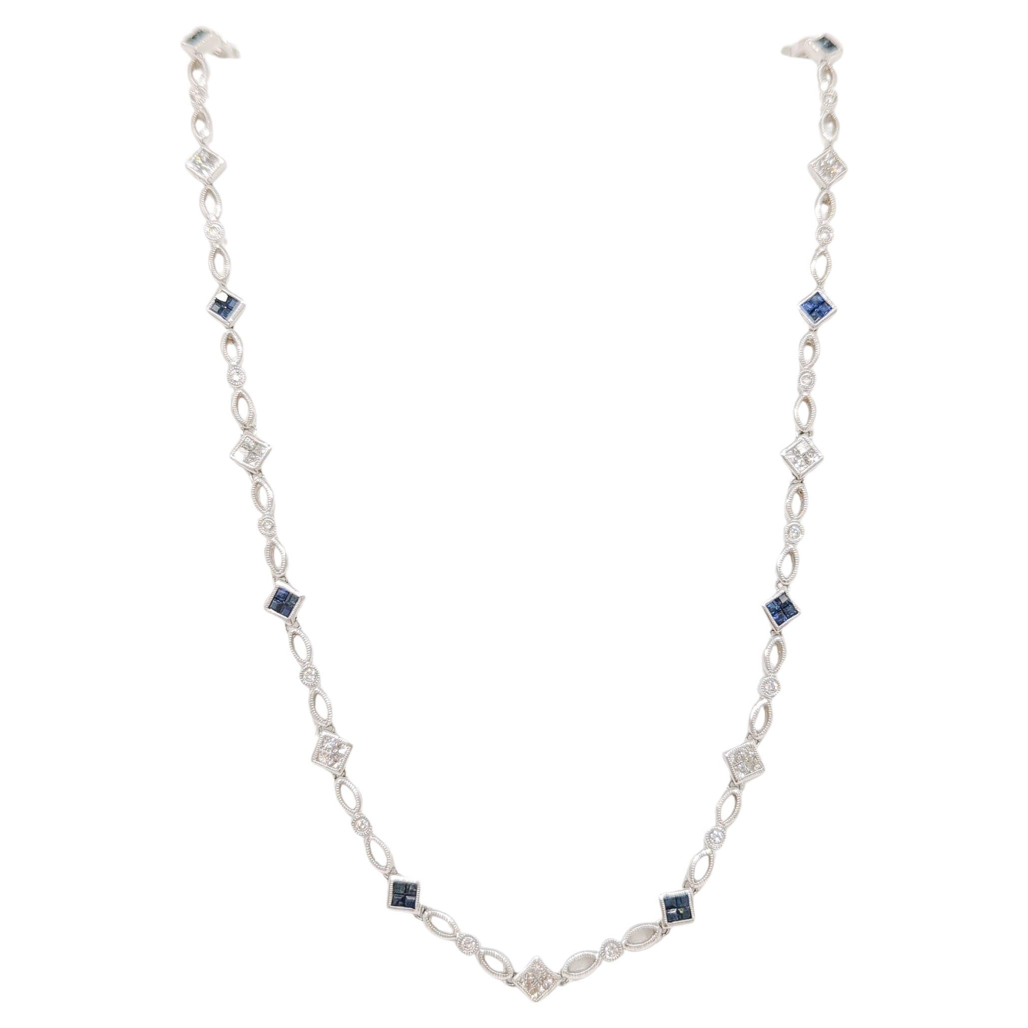 Blue Sapphire Princess Cut & White Diamond Necklace in 18K White Gold For Sale
