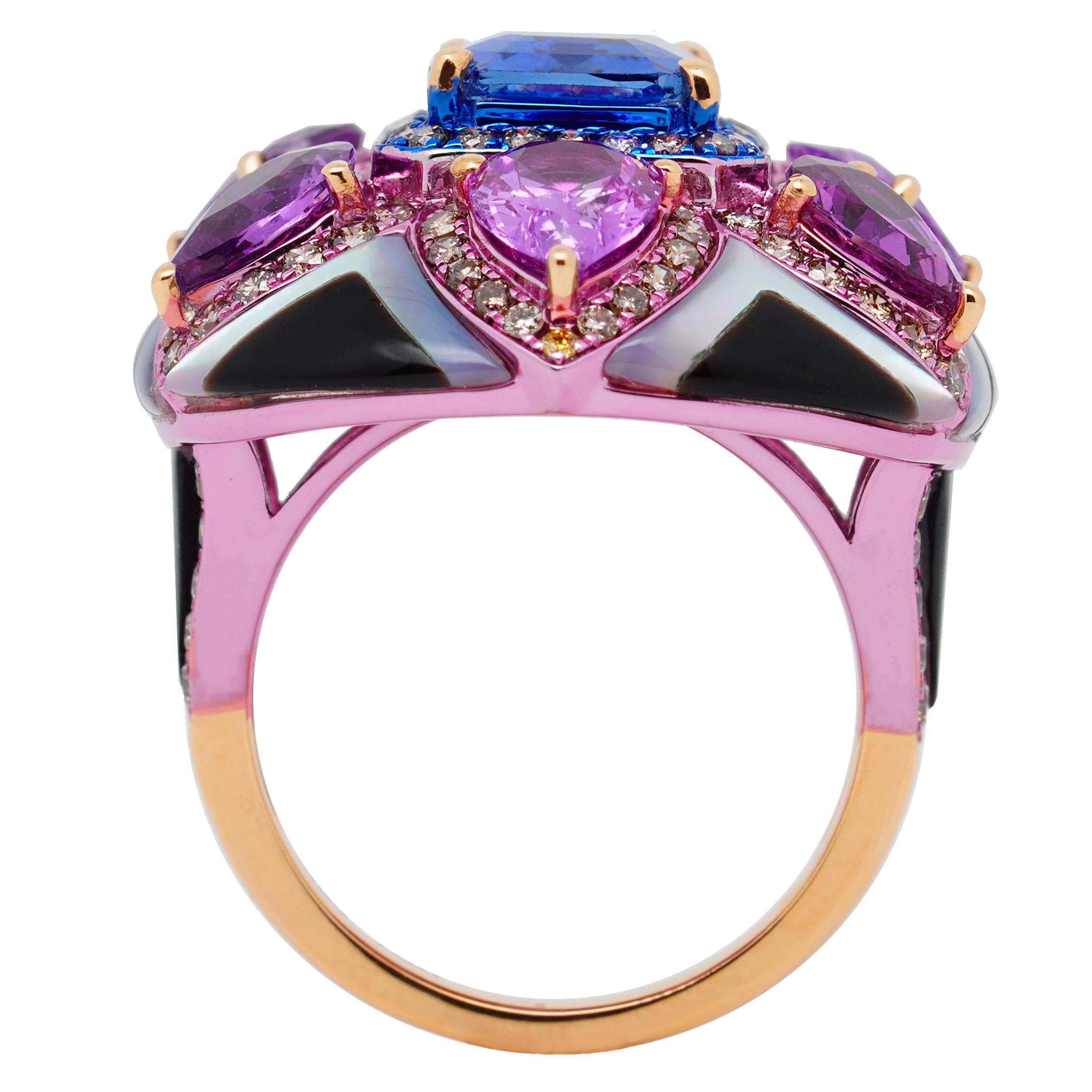 The Asiatic Lily Ring from 'The Poetry of Art Collection' by Austy Lee. Inspired by the form of Asiatic lilies originated from Japan, Austy created this eye-catching piece using Sri Lankan Blue Sapphire, Sri Lankan Unheated Purple Sapphires, Mother