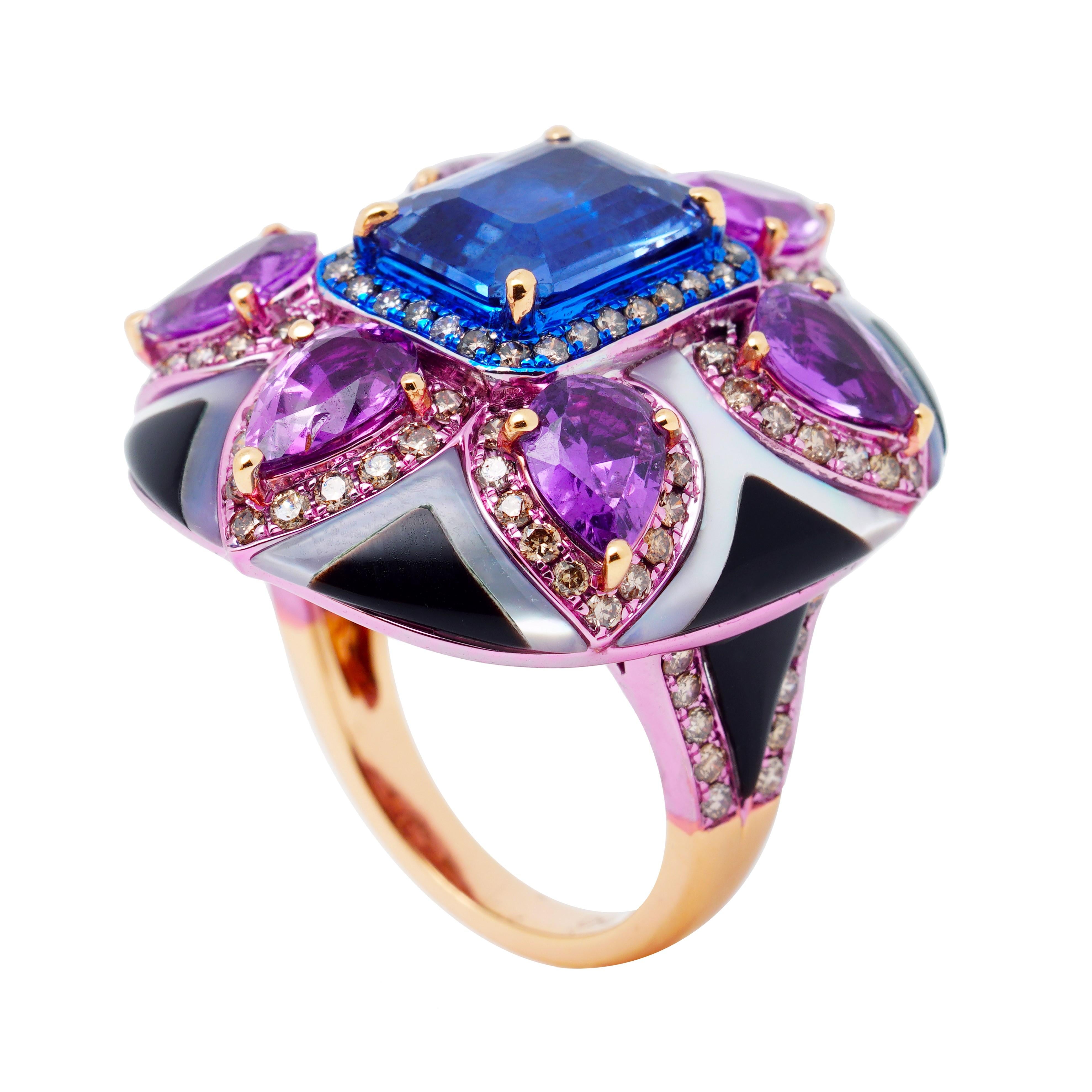 Modern Blue Sapphire, Purple Sapphire, MOP, Onyx & Diamond Ring, 18K Gold, Austy Lee