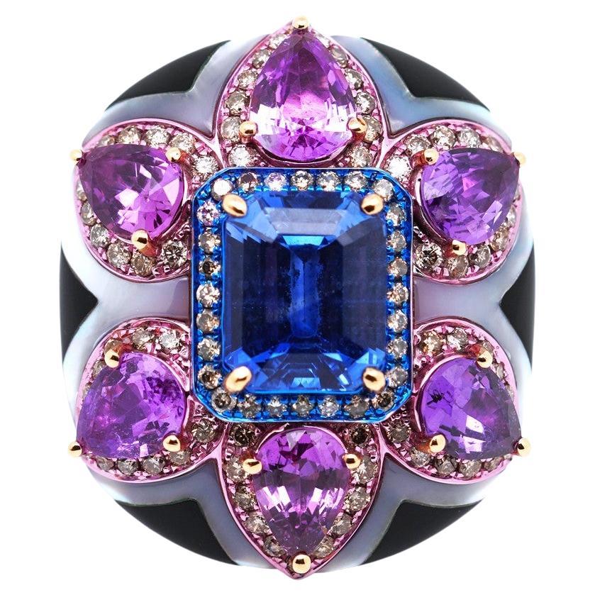 Blue Sapphire, Purple Sapphire, MOP, Onyx & Diamond Ring, 18K Gold, Austy Lee