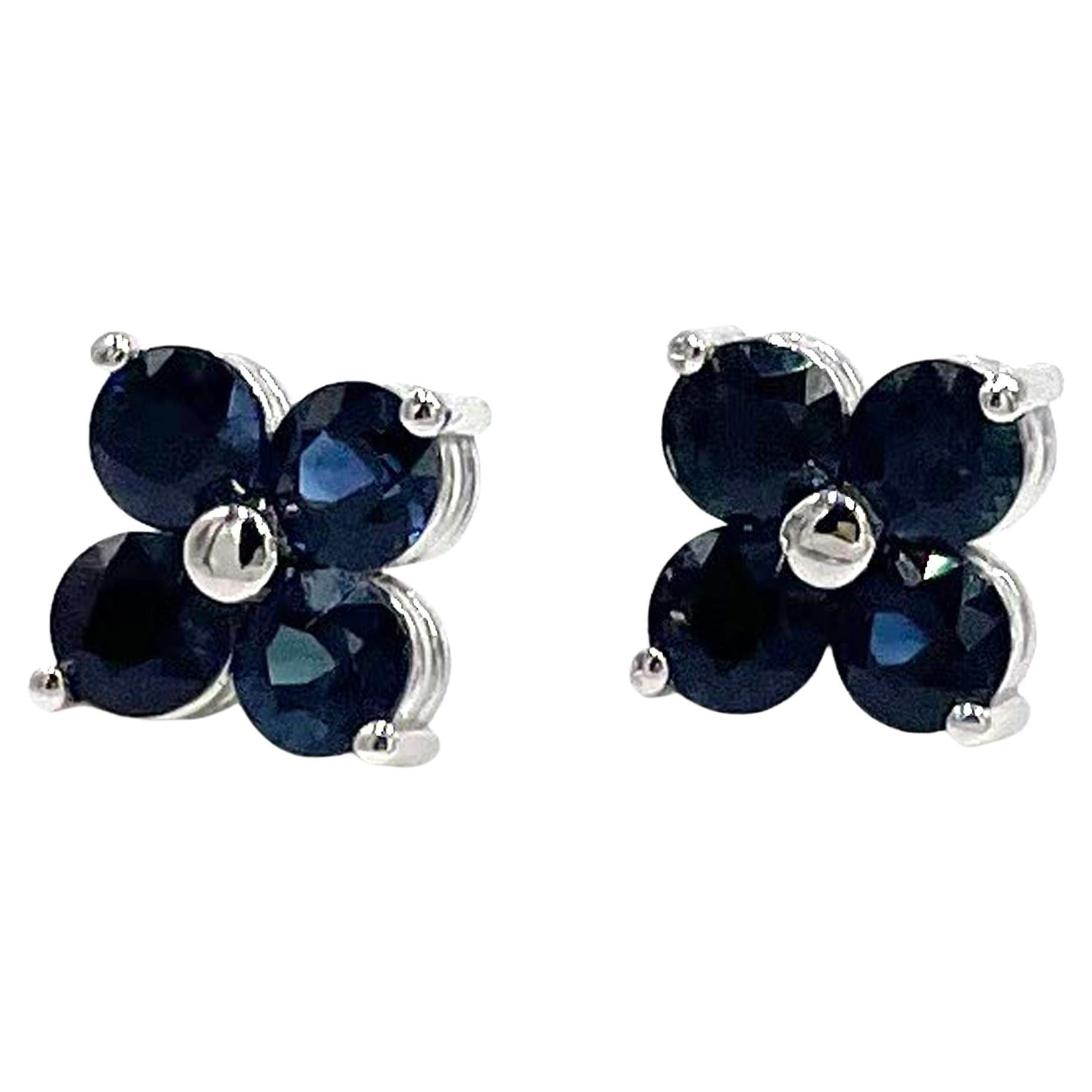 Blue Sapphire Quatrefoil Stud Earrings, 14K White Gold