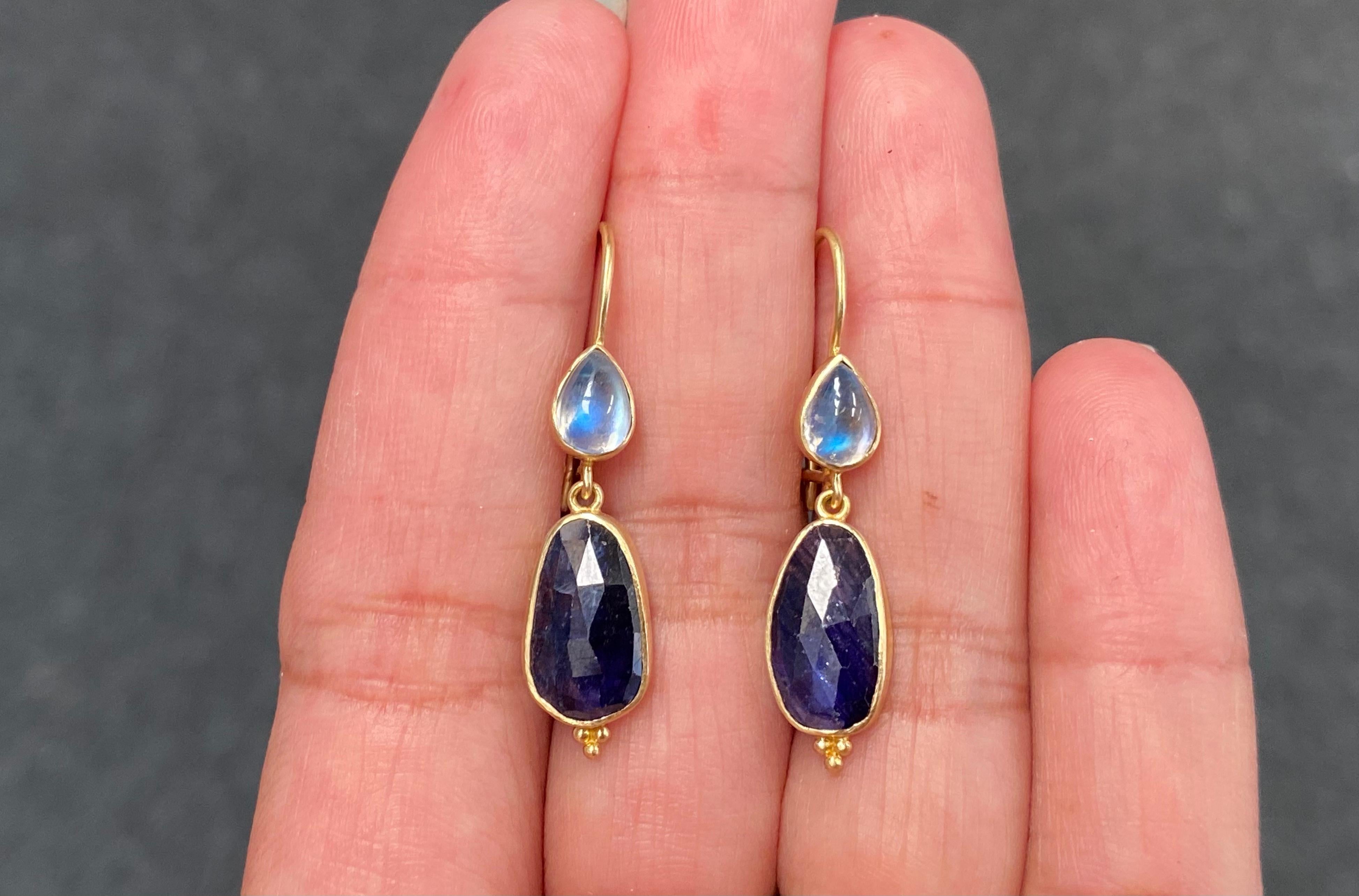 Contemporary Blue Sapphire Rainbow Moonstone Drop Earrings 18k Gold