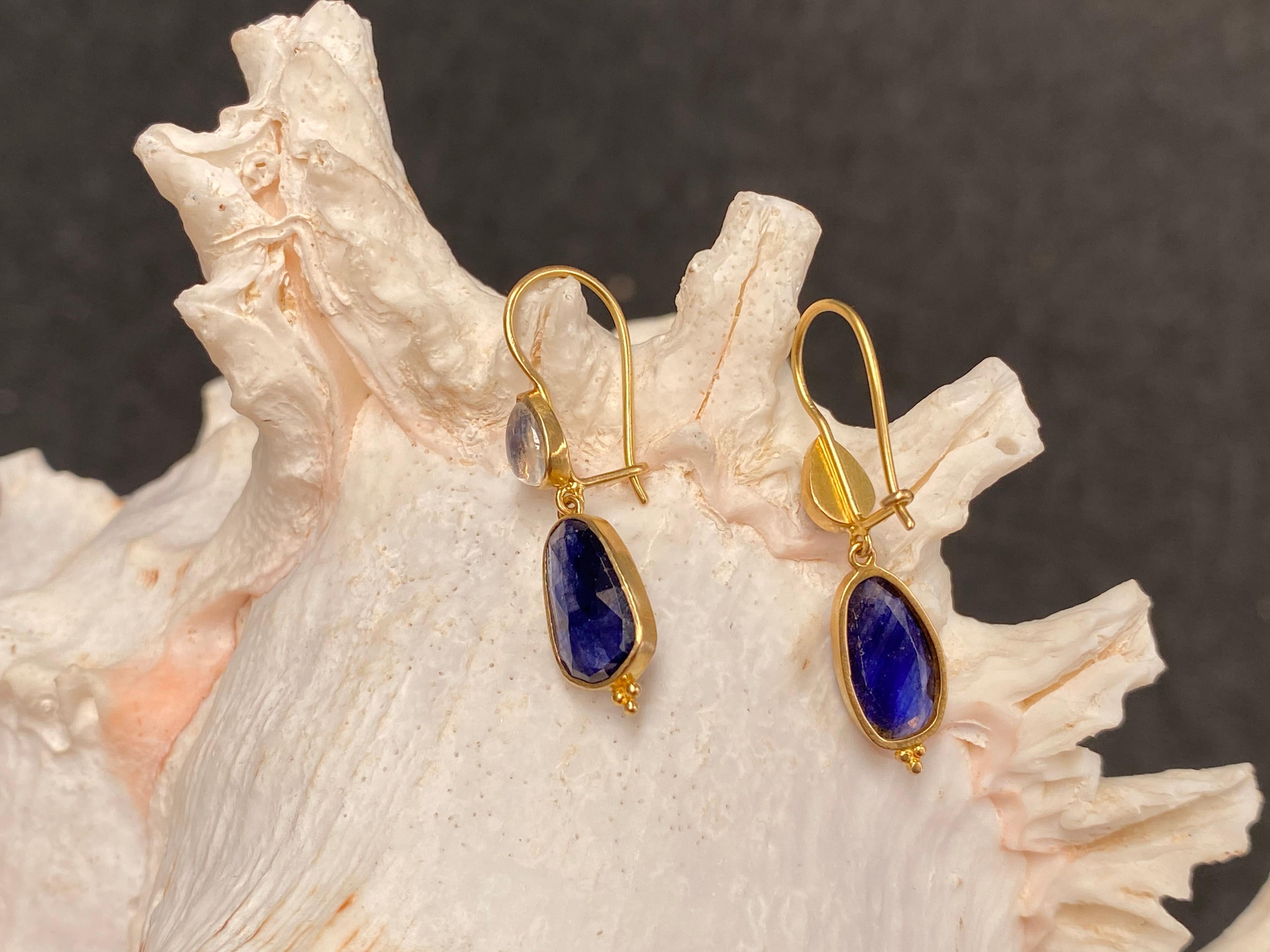 Pear Cut Blue Sapphire Rainbow Moonstone Drop Earrings 18k Gold