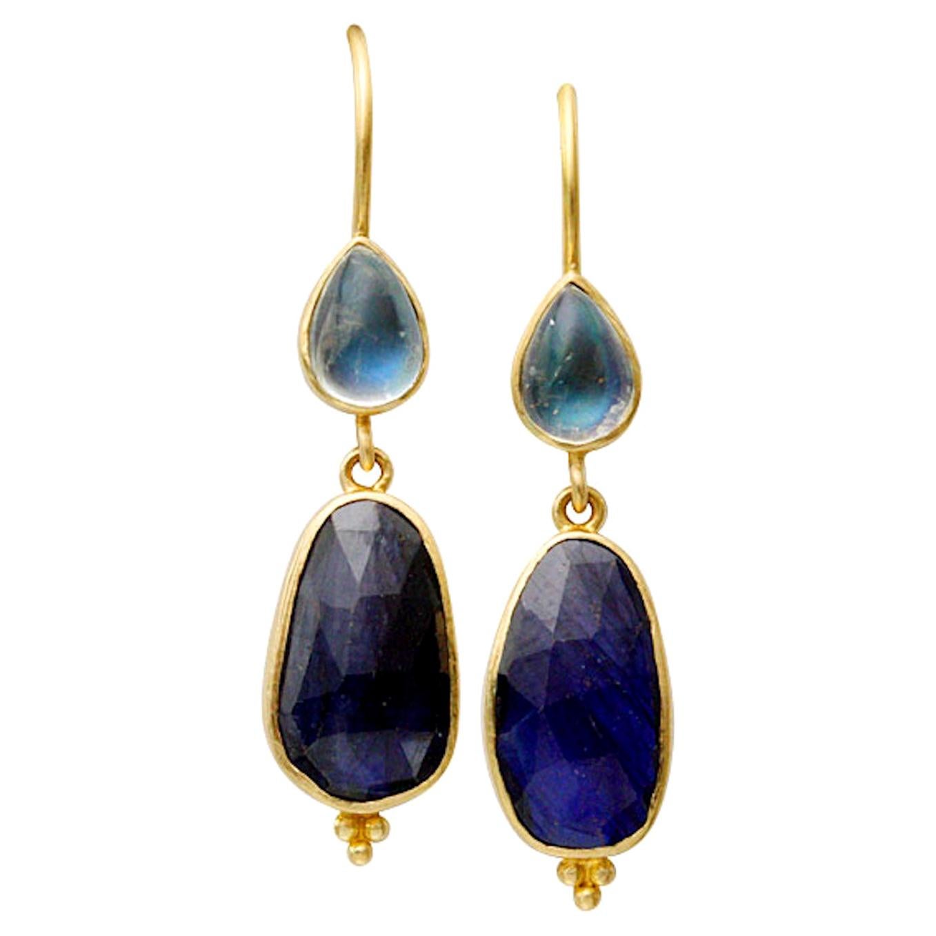 Blue Sapphire Rainbow Moonstone Drop Earrings 18k Gold