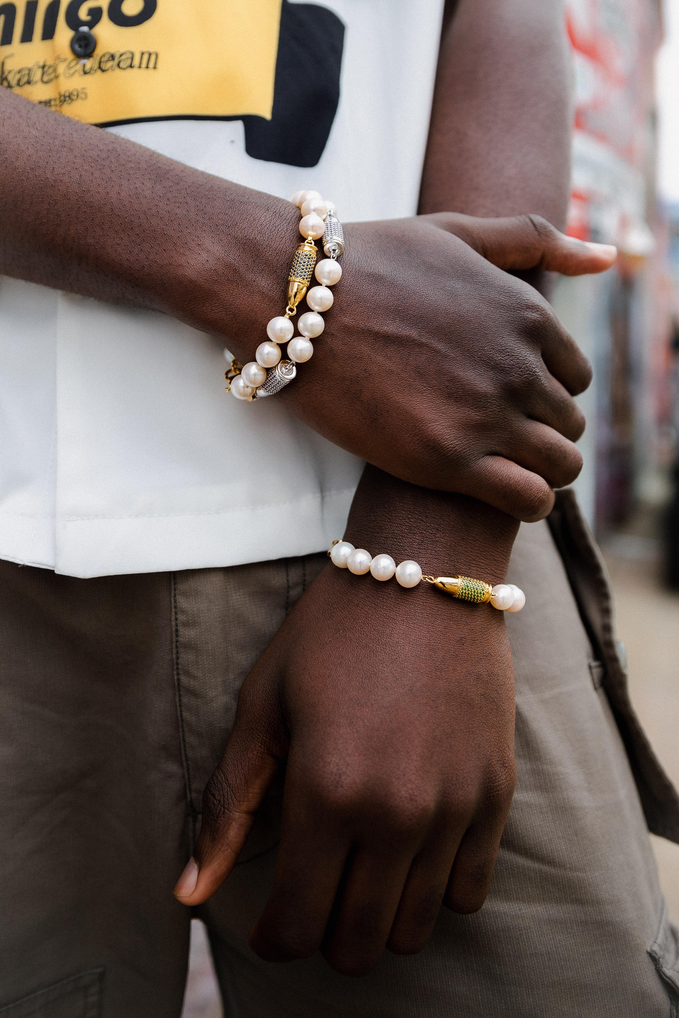 Round Cut Blue Sapphire Red Garnet Rocket Bullet White Pearl Gold Vermeil Silver Bracelet For Sale