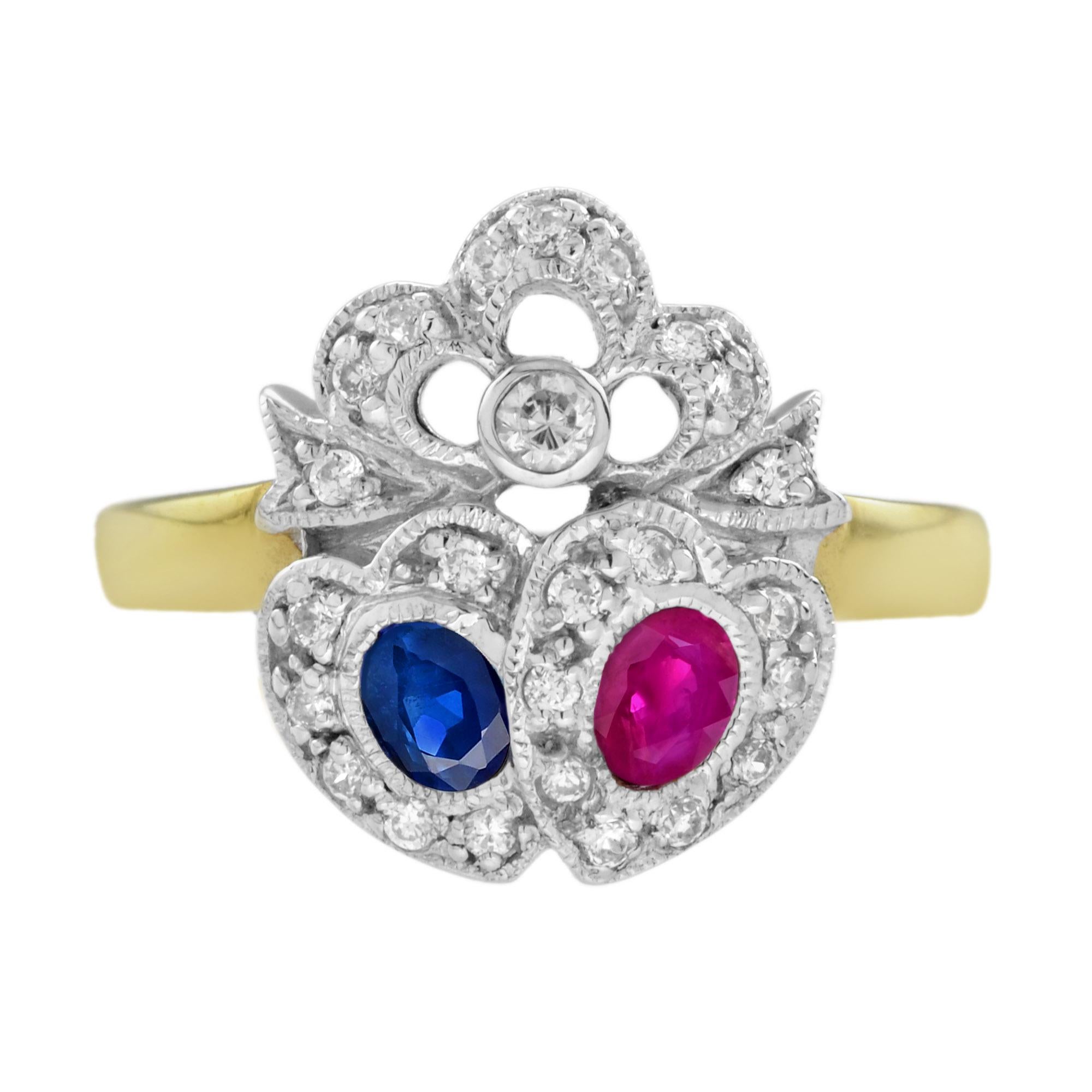 A vintage style sapphire and ruby double heart ring, set with oval shaped blue sapphire weighing .25 carats and ruby weighing .20 carats, both set to the center of round cut diamond halo, with a diamond set ribbon bow to the top, all in white top