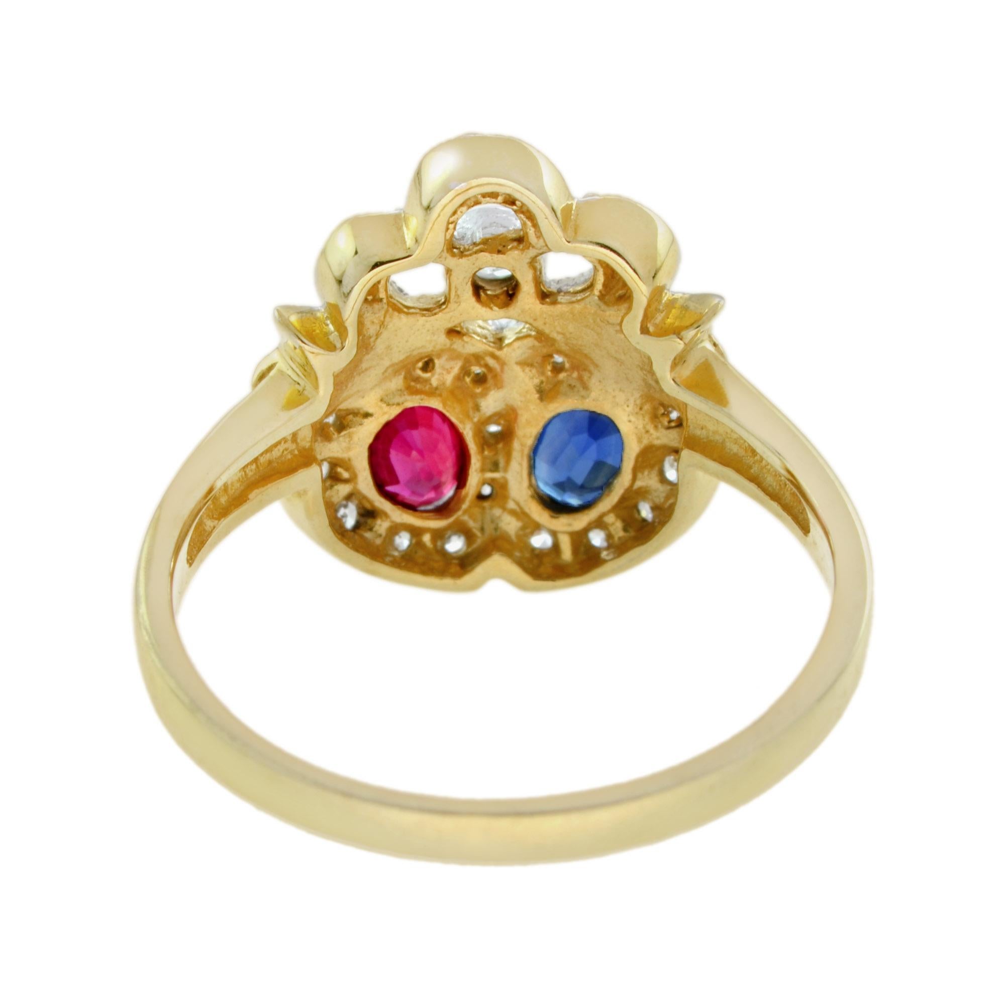 Blue Sapphire Red Ruby Diamond Double Heart Vintage Style Crown Gold Ring Eduardiano en venta