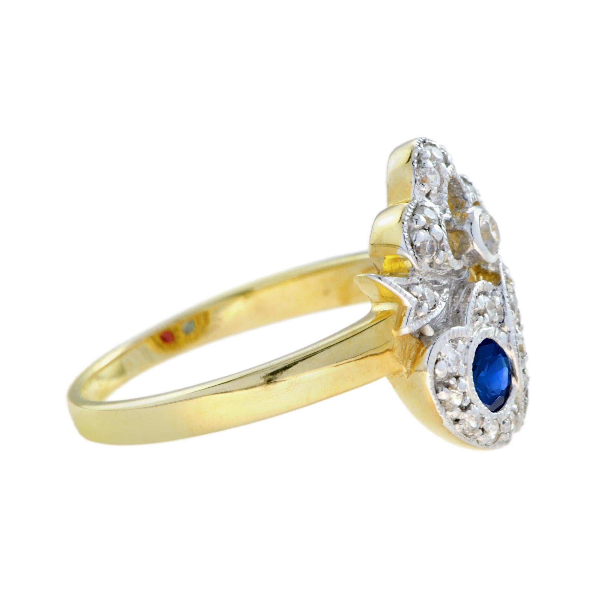 Blue Sapphire Red Ruby Diamond Double Heart Vintage Style Crown Gold Ring Corte oval en venta