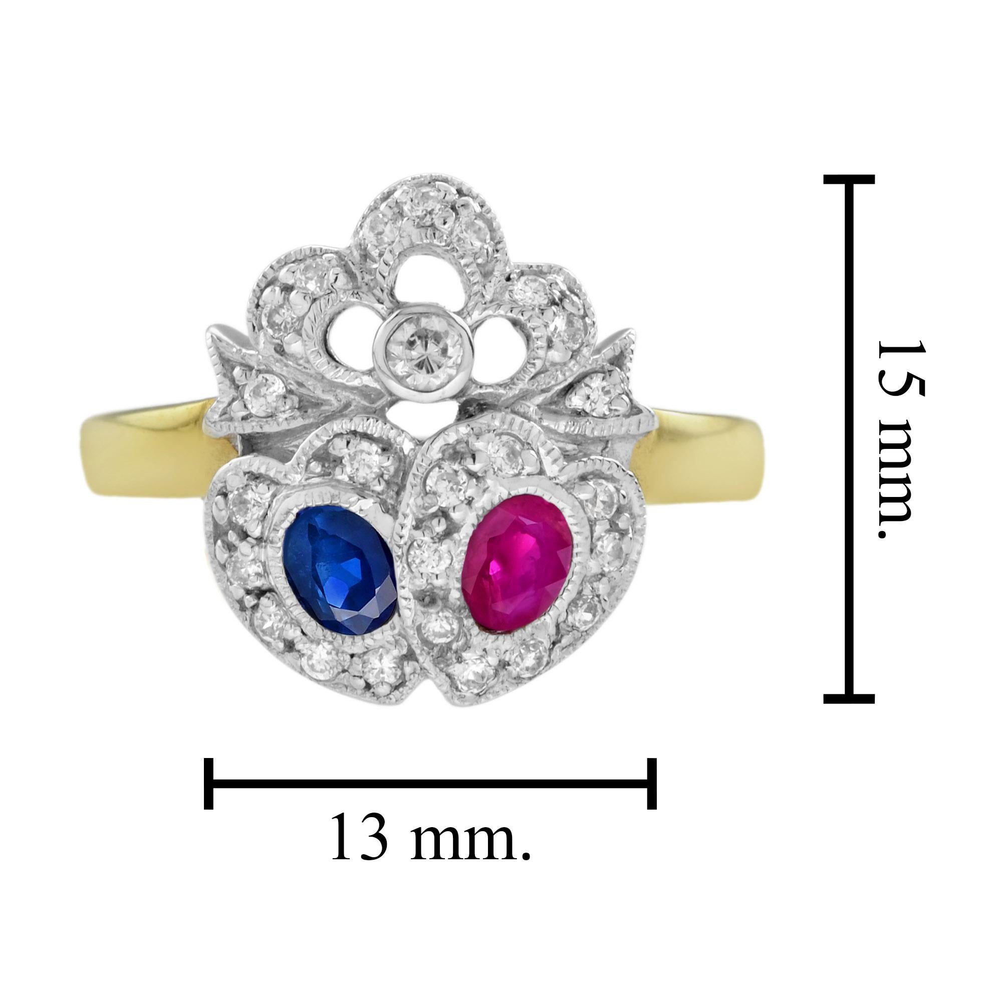 Femenino o masculino Blue Sapphire Red Ruby Diamond Double Heart Vintage Style Crown Gold Ring en venta