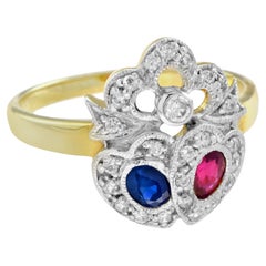 Blue Sapphire Red Ruby Diamond Double Heart Vintage Style Crown Gold Ring