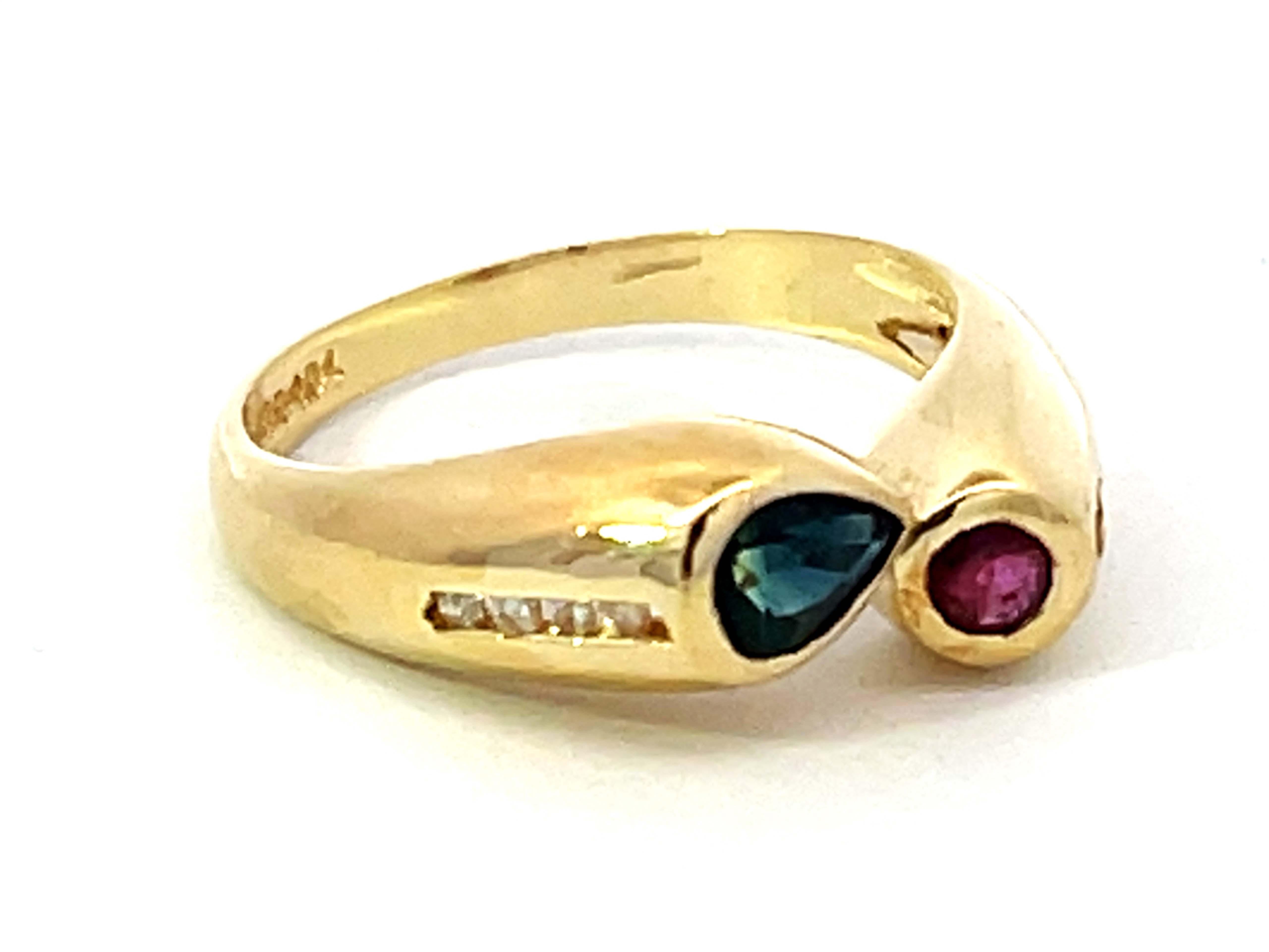 Modern Blue Sapphire Red Ruby Diamond Ring 14k Yellow Gold For Sale