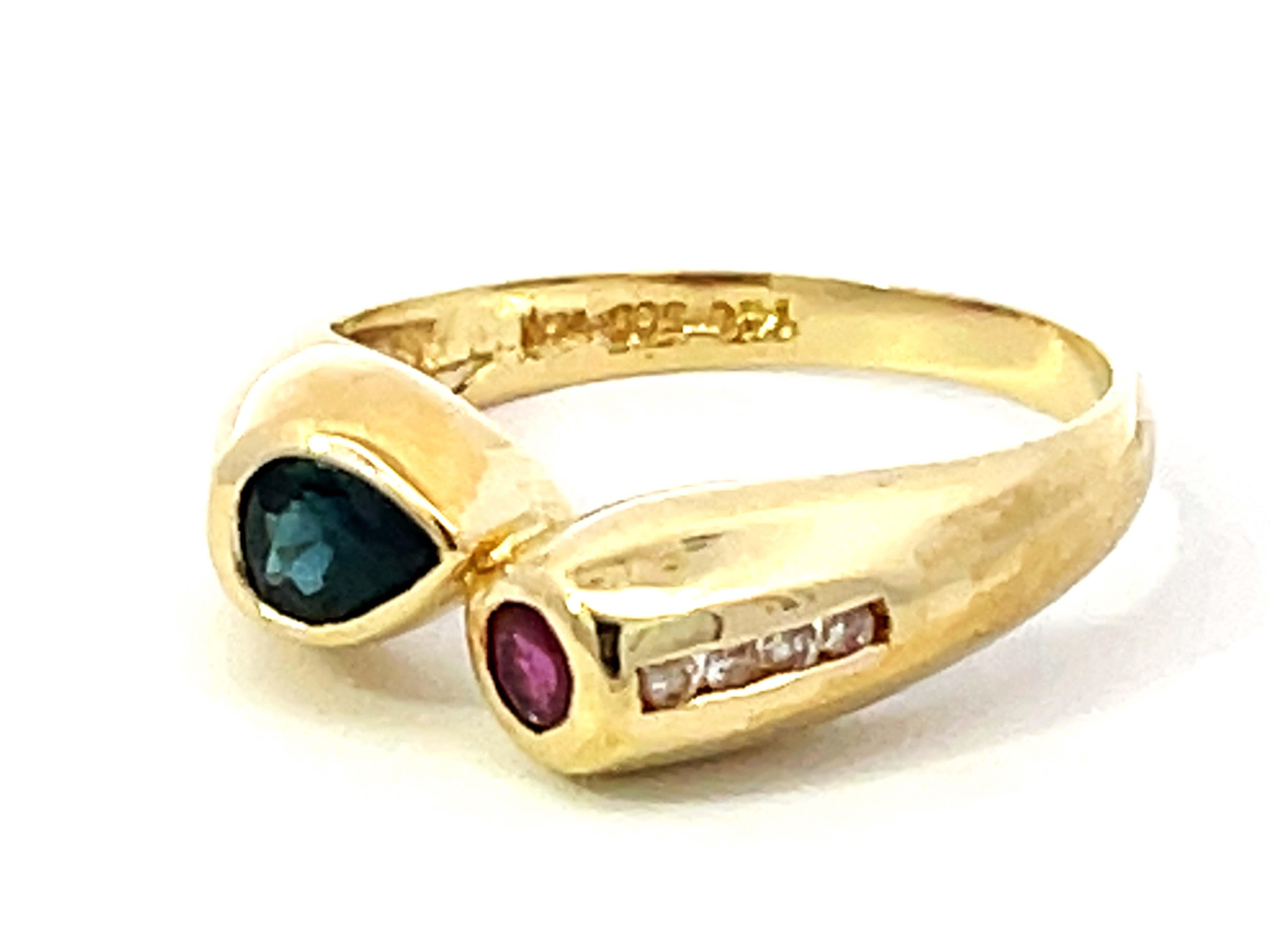 Cabochon Blue Sapphire Red Ruby Diamond Ring 14k Yellow Gold For Sale