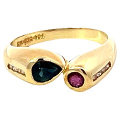 Retro Blue Sapphire Red Ruby Diamond Ring 14k Yellow Gold