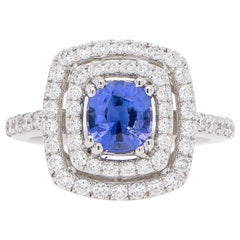 Blue Sapphire Ring 1.07 Carat with Double Diamond Halo 0.73 Carats
