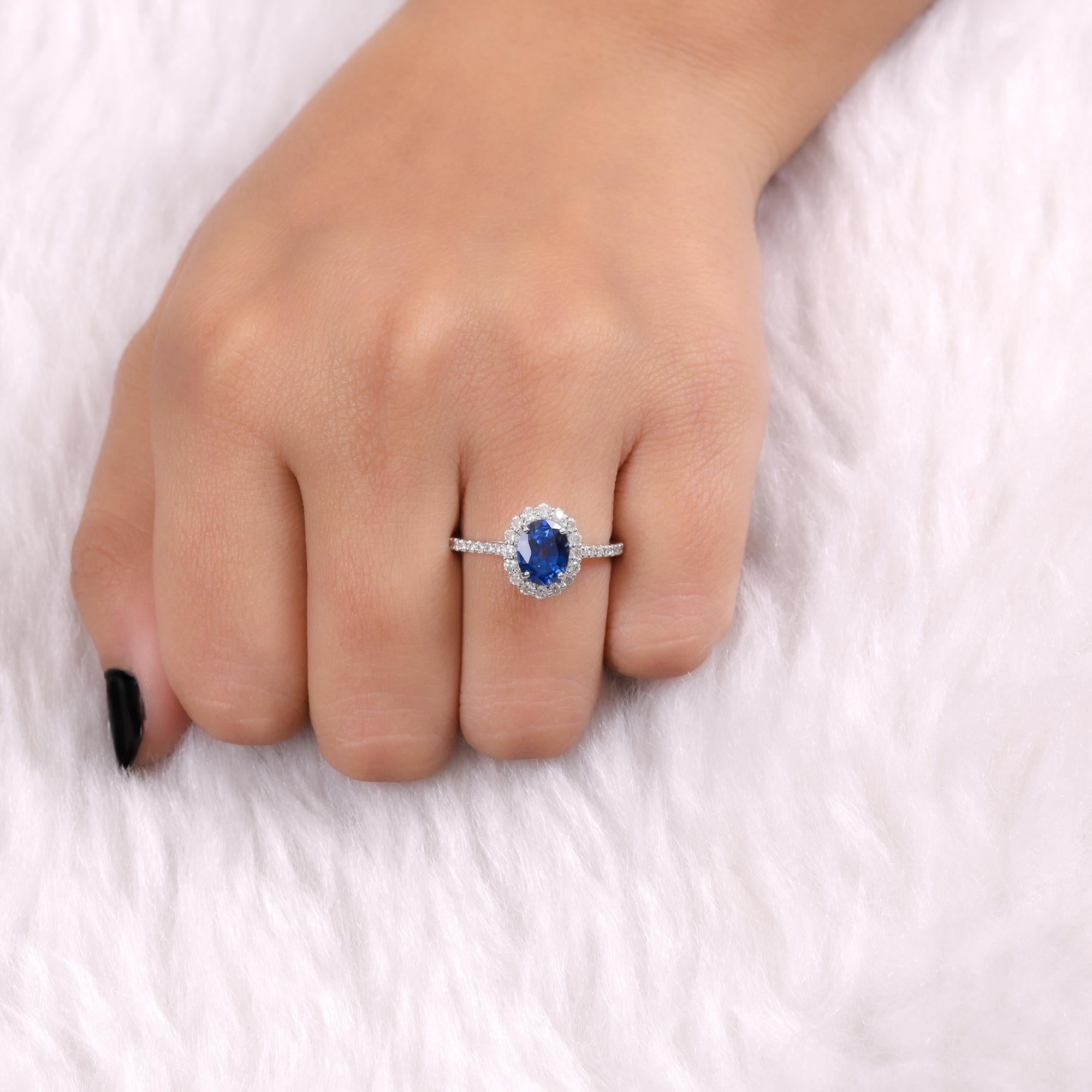 Oval Cut Blue Sapphire Ring 14 Karat White Gold Fine SI Clarity HI Color Diamond Jewelry For Sale