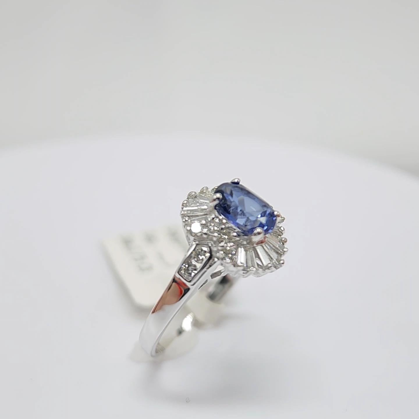 Blue Sapphire  Ring 14 Karat White Gold with Diamonds. For Sale 6