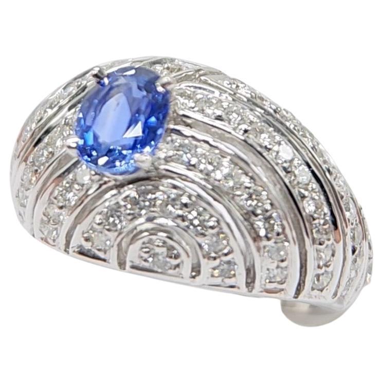 Oval Cut Blue Sapphire  Ring 14 Karat White Gold with Diamonds. For Sale