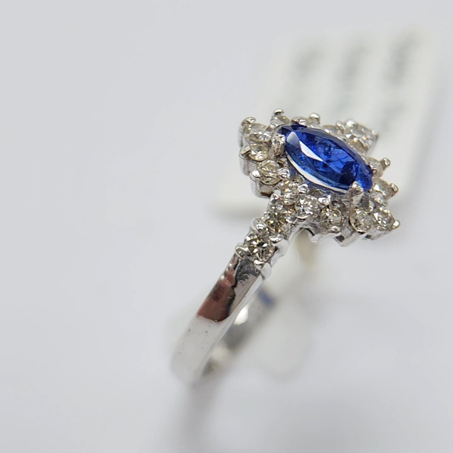 Artisan Blue Sapphire  Ring 14 Karat White Gold with Diamonds. For Sale