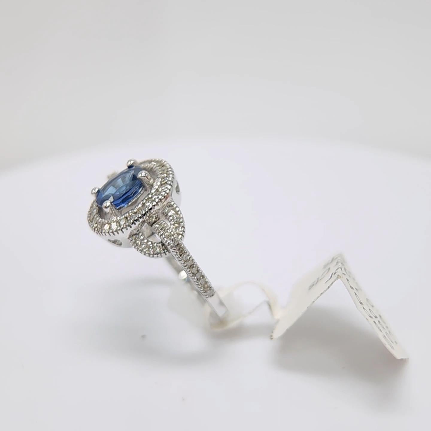 Women's Blue Sapphire  Ring 14 Karat White Gold with Diamonds. For Sale