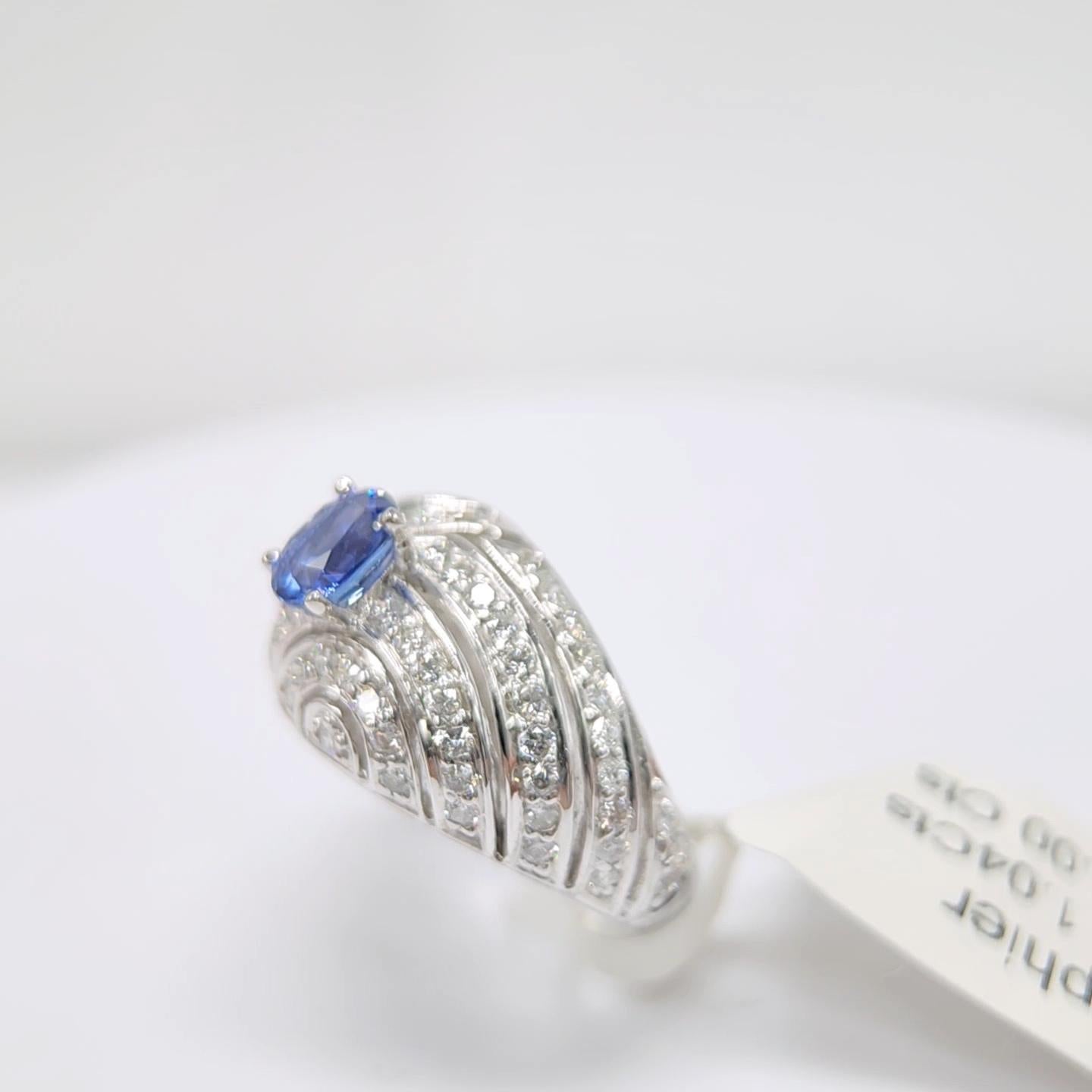 Women's Blue Sapphire  Ring 14 Karat White Gold with Diamonds. For Sale