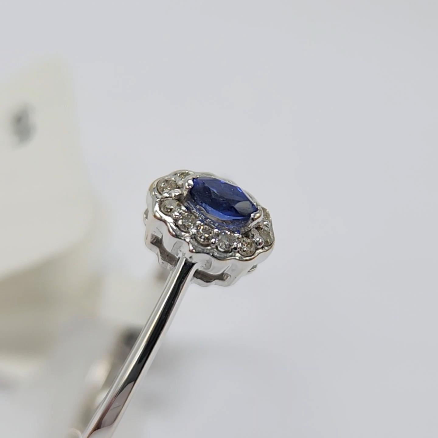Women's Blue Sapphire  Ring 14 Karat White Gold with Diamonds. For Sale