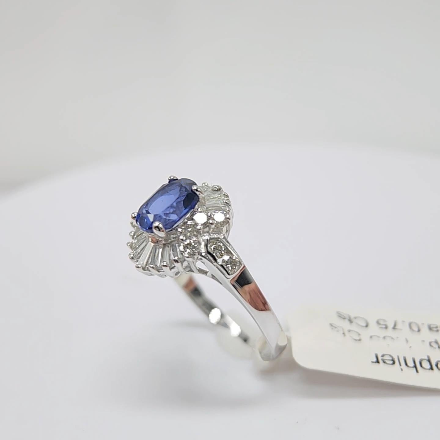 Women's Blue Sapphire  Ring 14 Karat White Gold with Diamonds. For Sale