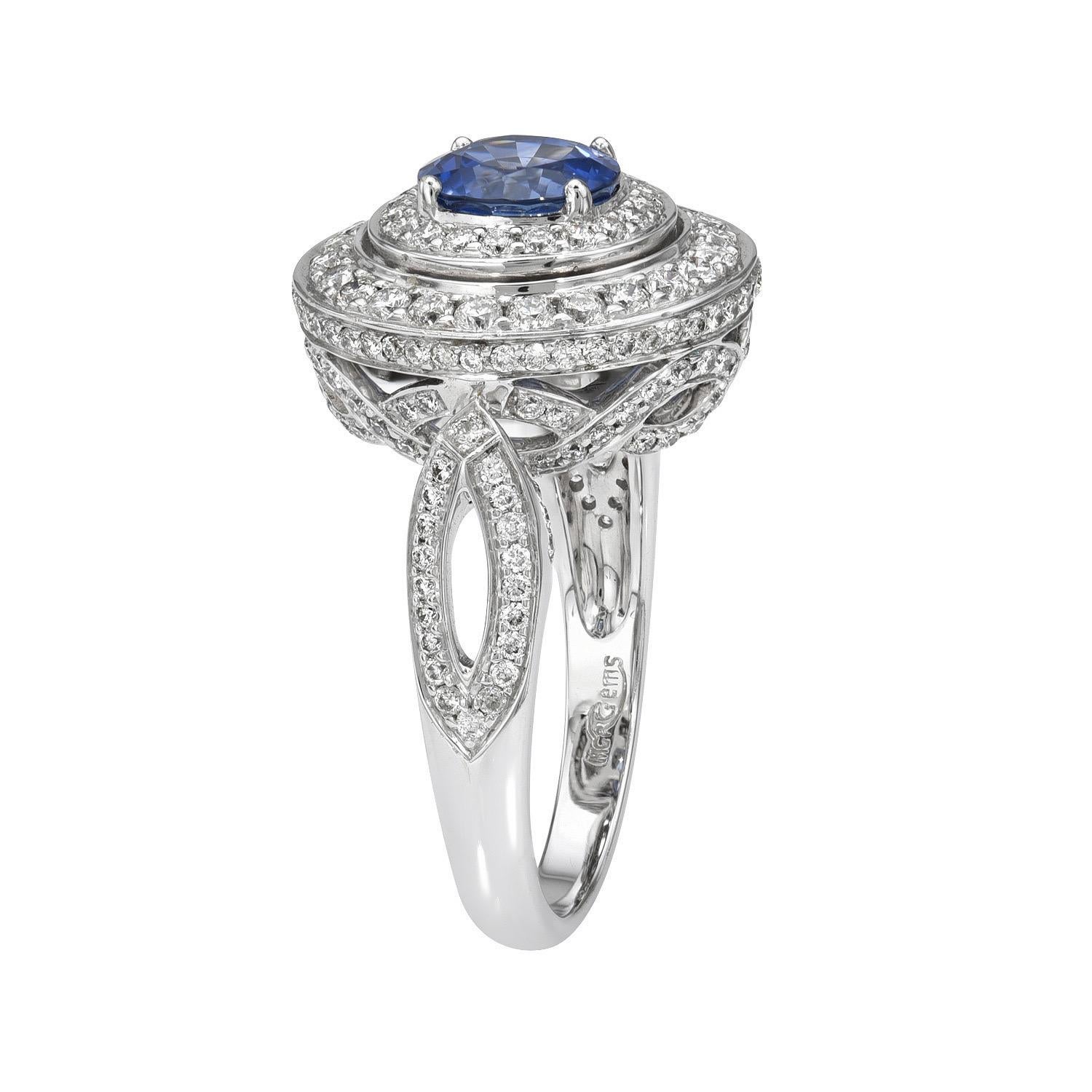 1.63 carat Blue Sapphire round, 18K white gold ring, decorated with round brilliant diamonds totaling 1.14 carats.
Ring size 6.5. Resizing is complementary upon request.
Returns are accepted and paid by us within 7 days of delivery.