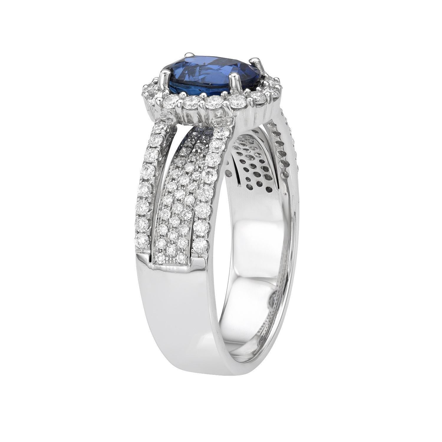 Marvelous 1.48 carat Blue Sapphire cushion 18K white gold ring, decorated with round brilliant diamonds totaling 0.61 carats.
Ring size 6.5. Resizing is complementary upon request.
Returns are accepted and paid by us within 7 days of delivery.