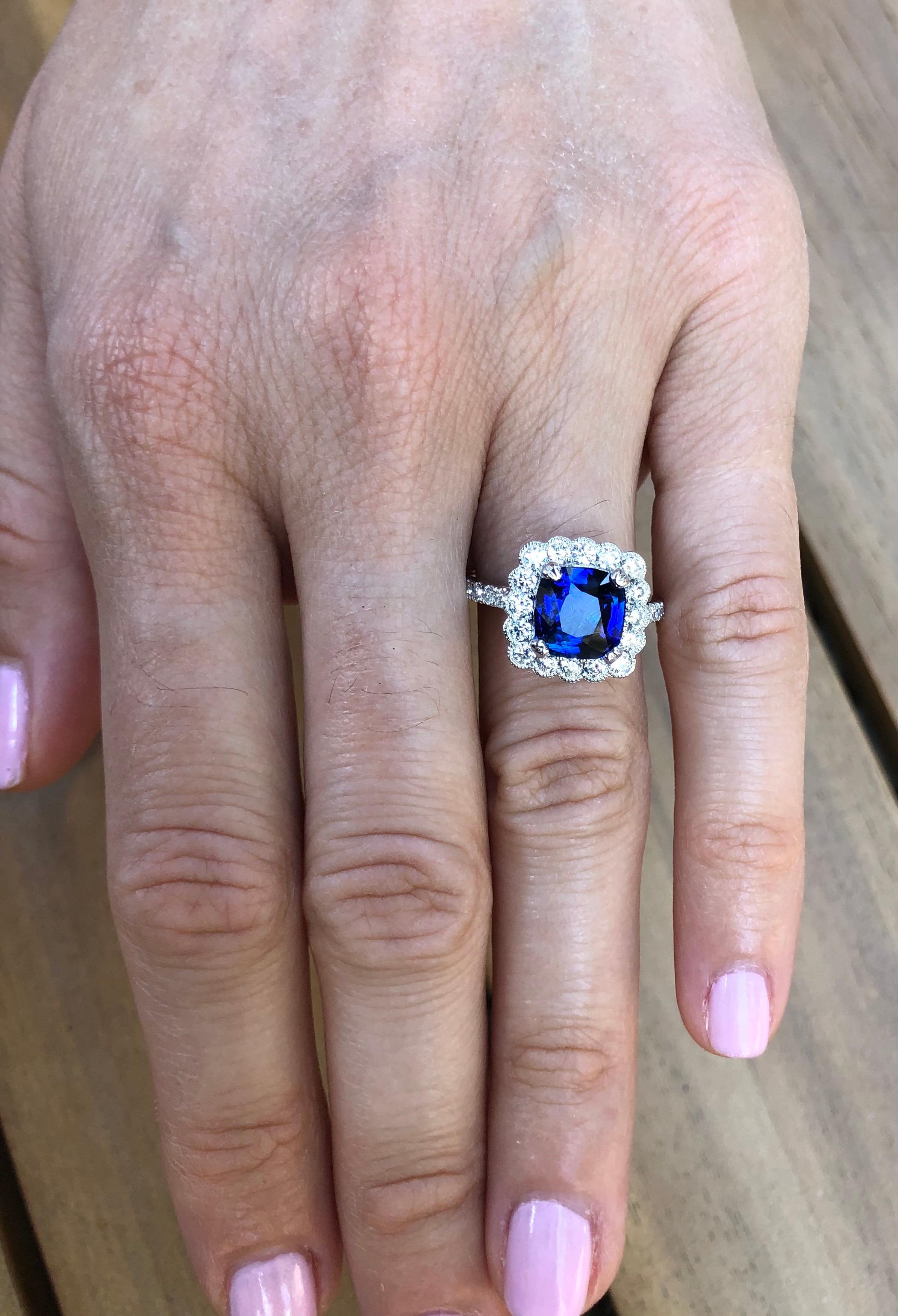 Blue Sapphire Ring 3.21 Carat Ceylon Cushion In New Condition In Beverly Hills, CA