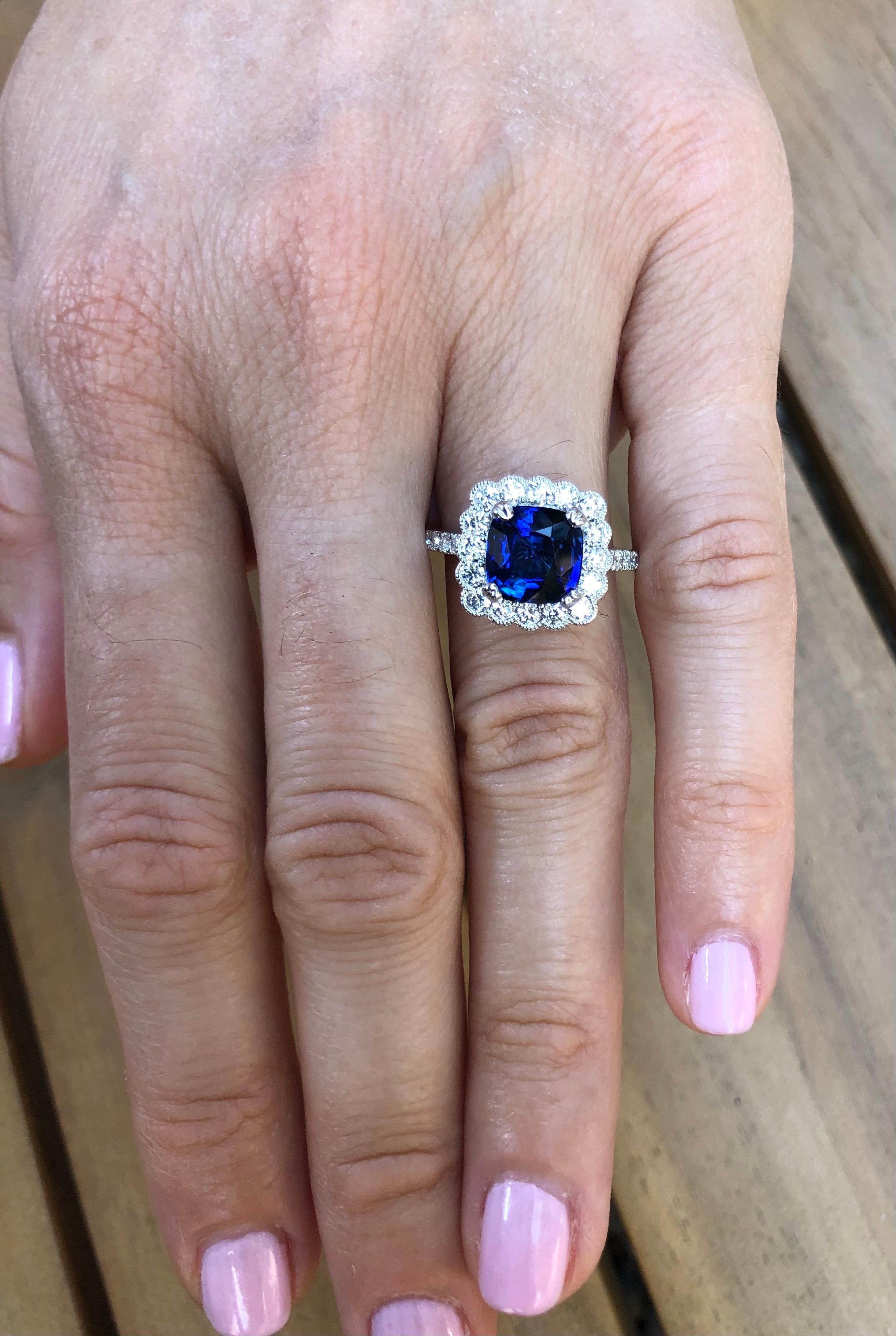 Women's Blue Sapphire Ring 3.21 Carat Ceylon Cushion