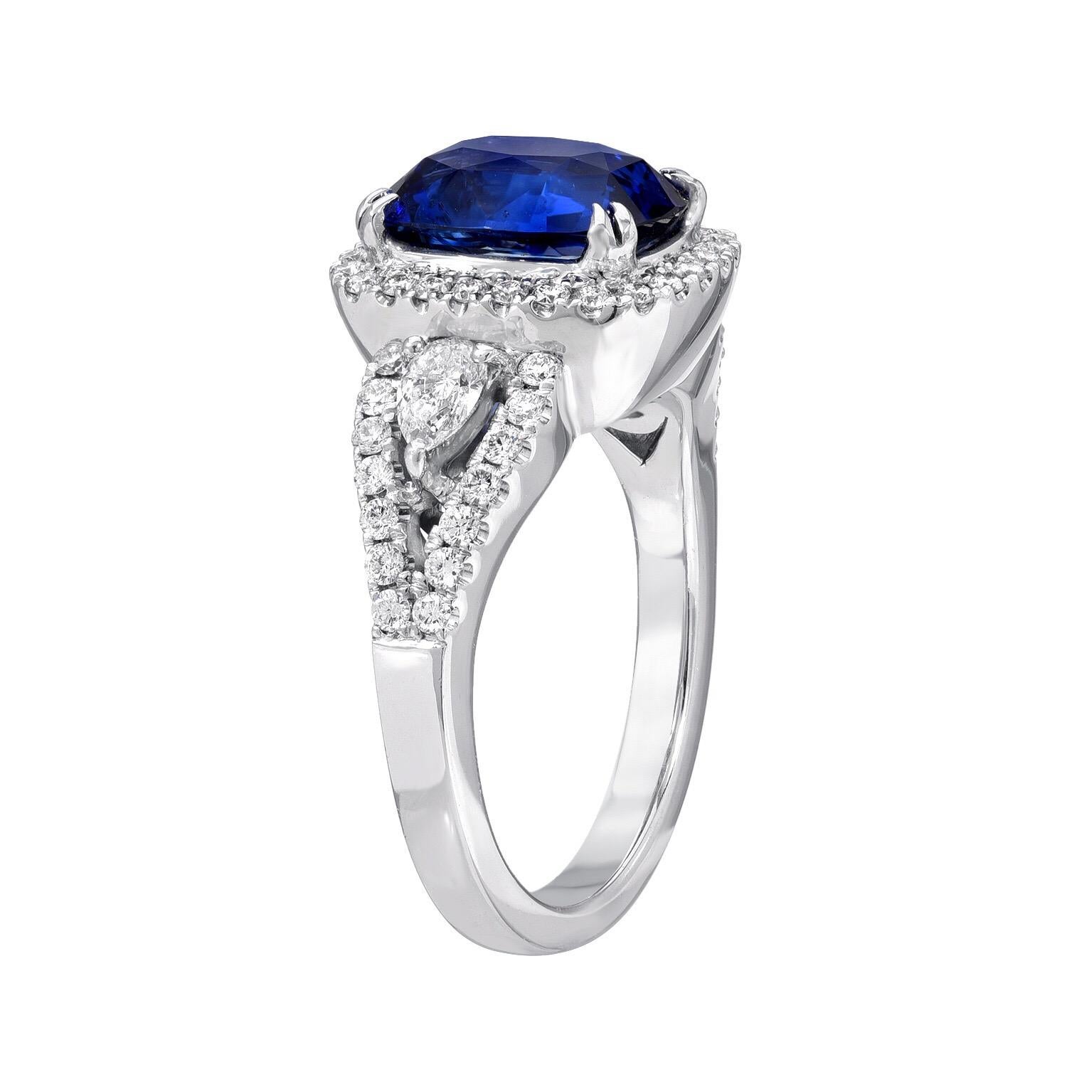 Sapphire ring showcasing a Blue Sapphire cushion cut, weighing a total of 3.24 carats, hand set in platinum, and adorned by a total of 0.75 diamonds.
Size 6.25. Re-sizing is complimentary upon request.
Returns are accepted and paid by us within 7