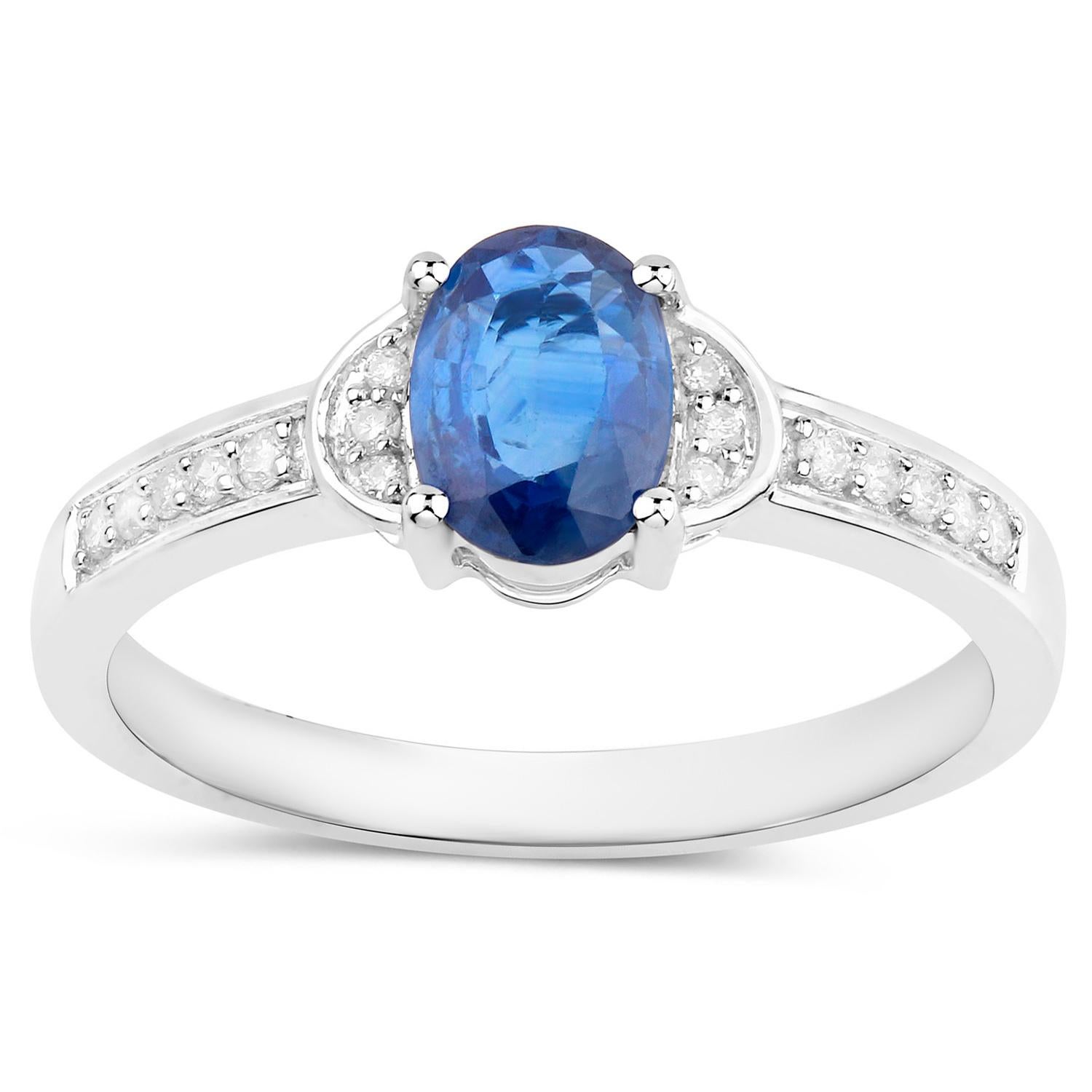Oval Cut Blue Sapphire Ring Diamonds 1.04 Carats 10K White Gold For Sale