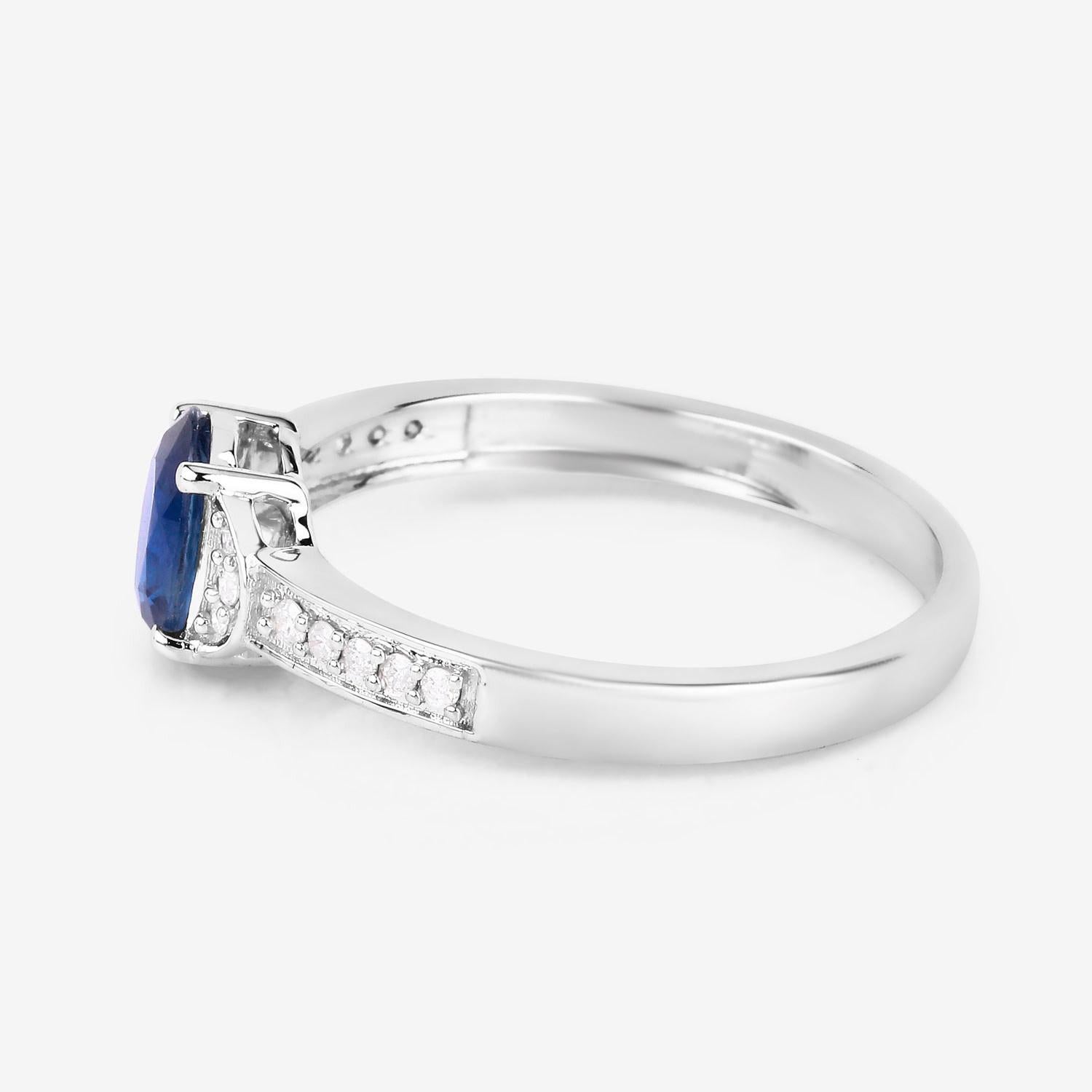 Women's or Men's Blue Sapphire Ring Diamonds 1.04 Carats 10K White Gold For Sale