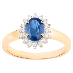 Anello con zaffiro blu e diamanti 1,1 carati in oro giallo 10 carati