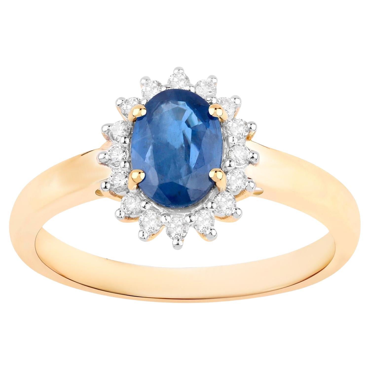 Blue Sapphire Ring Diamonds 1.1 Carats 10K Yellow Gold For Sale