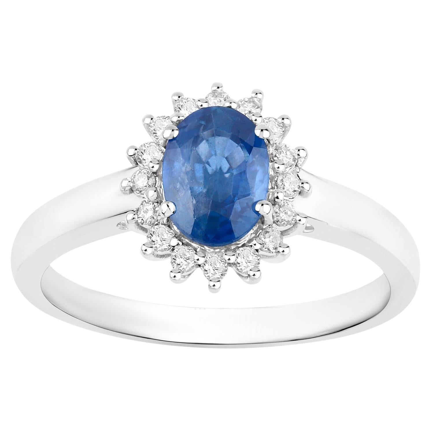 Blue Sapphire Ring Diamonds 1.10 Carats 10K White Gold For Sale